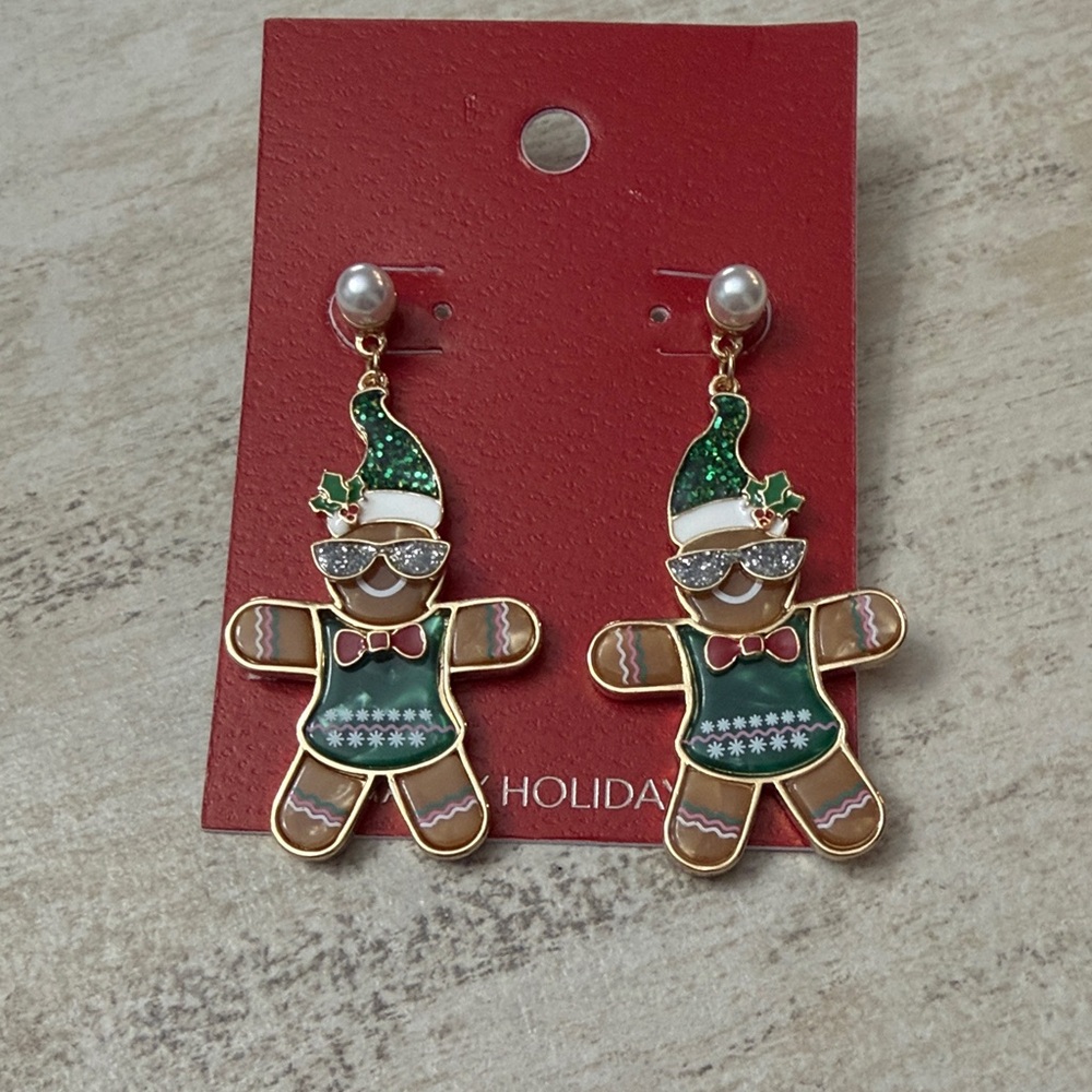 Festive Gingerbread Earrings with Green and Gold Accents